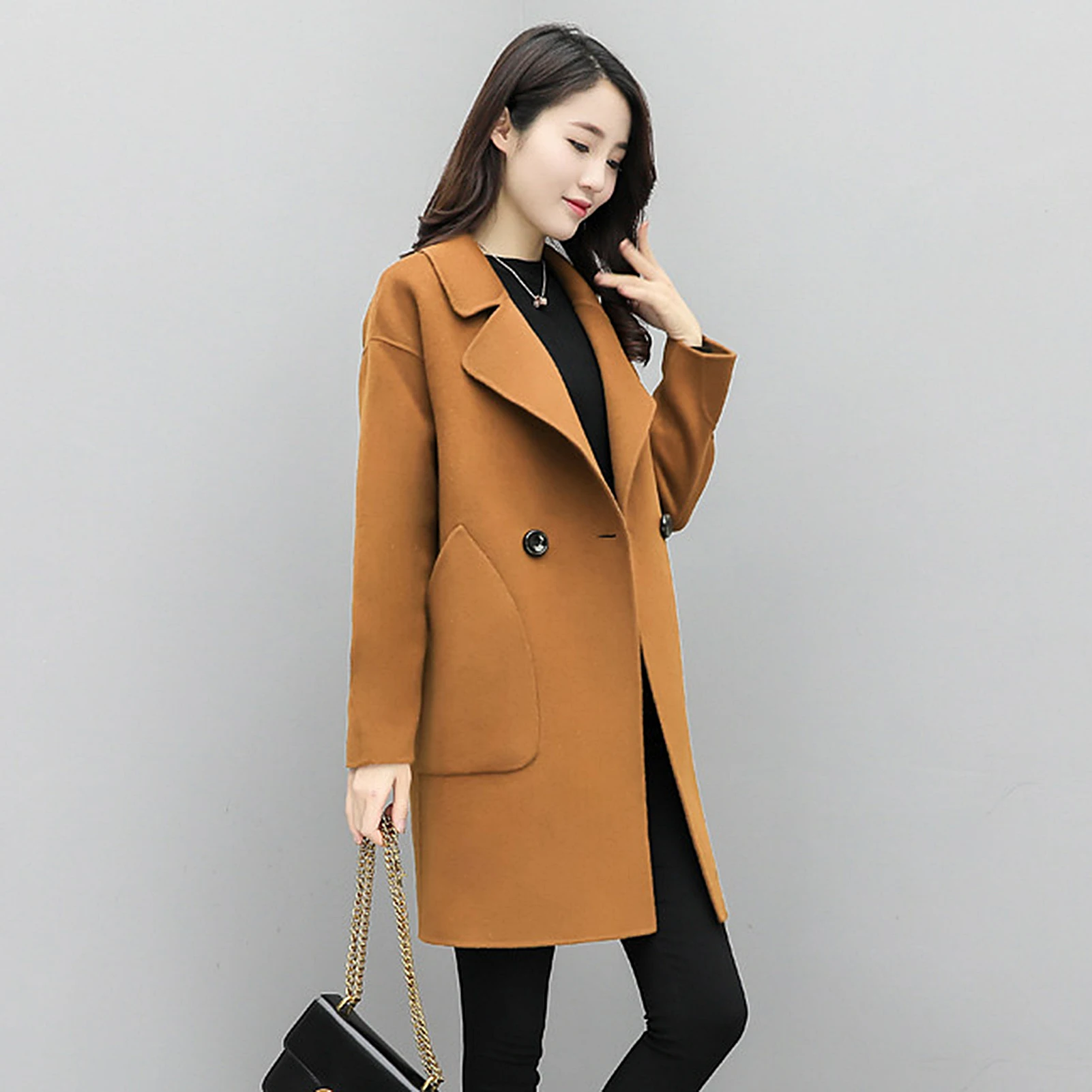 

2020 Autumn Winter Solid Button Coat Female Lapel Collar Mid-Long New Korean Temperament Women's Popular Outerwear Pocket Coat