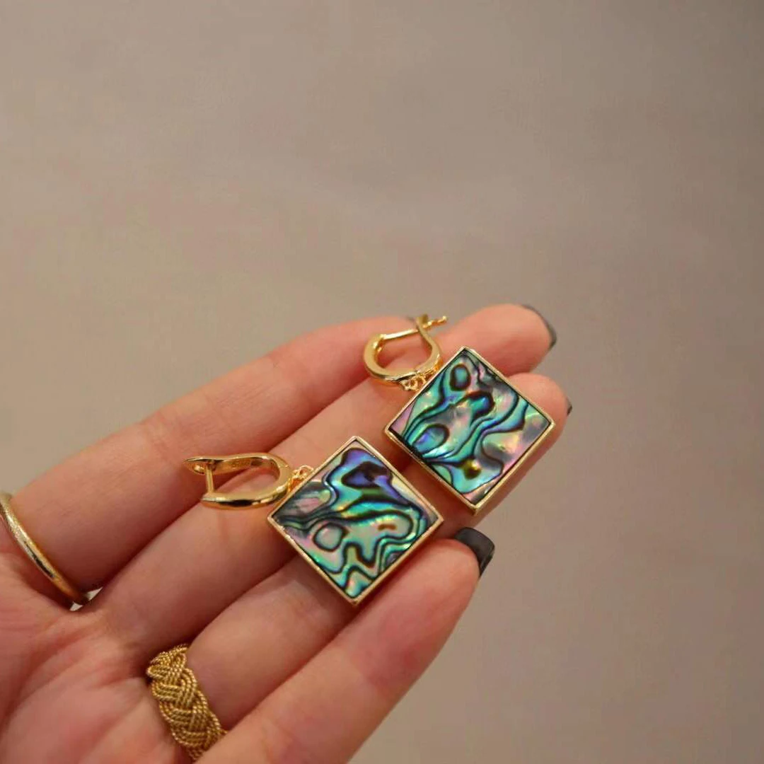 Модные квадратные серьги Abalone из ракушек, Женский комплект «Все в одном» из серебра 925 пробы и золота 24 к