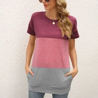 womens tshirts short sleeved summer tops casual color block t shirts round neck tunic tops blouse tee long shirts with pockets