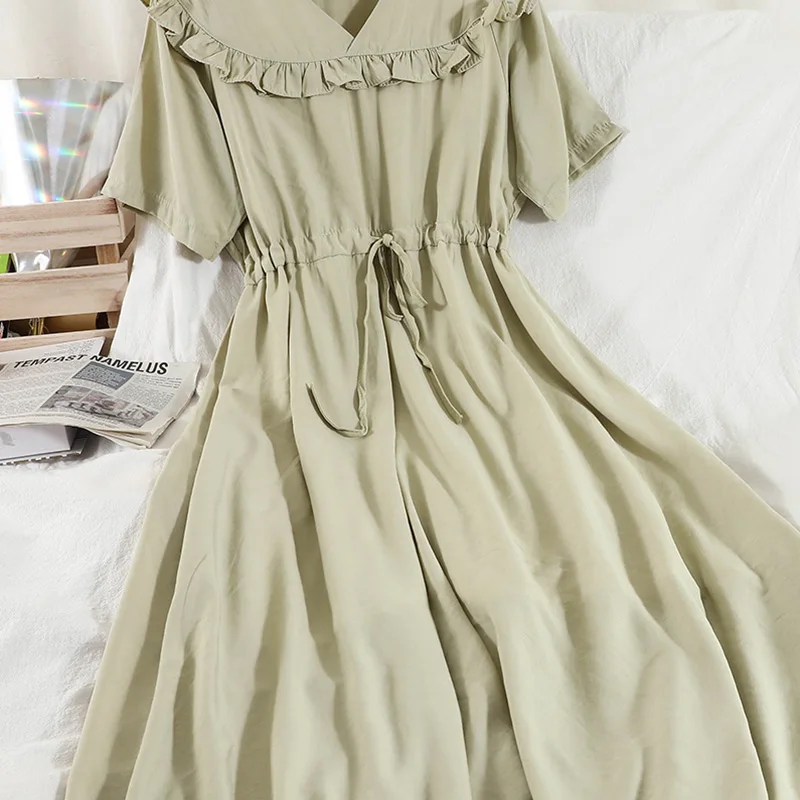 

Aibeautyer New Summer 2021 A Line Square Collar Chiffon High Waist Mid-Calf Women Dresses Vintage Solid Sweet Dress