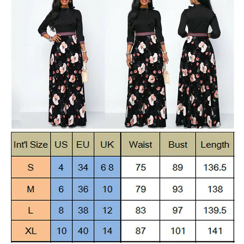 Горячая Распродажа женское винтажное платье макси с длинным рукавом Цветочное
