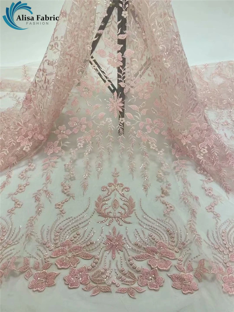 

Новейшее розовое французское Сетчатое кружево Alisa, африканская ткань ручной работы из бисера, вышивка блестками, 5 ярдов/шт., нигерийские тюл...