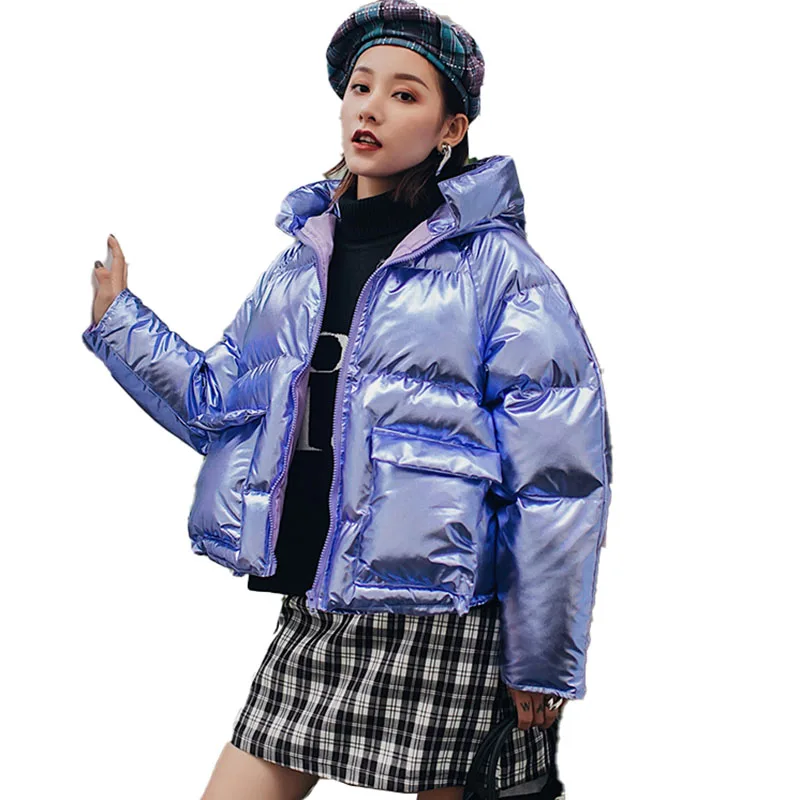 

Женская зимняя куртка в европейском стиле, однотонная уличная мода, свободная яркая куртка-пуховик на молнии с длинным рукавом, LL31, новинка ...