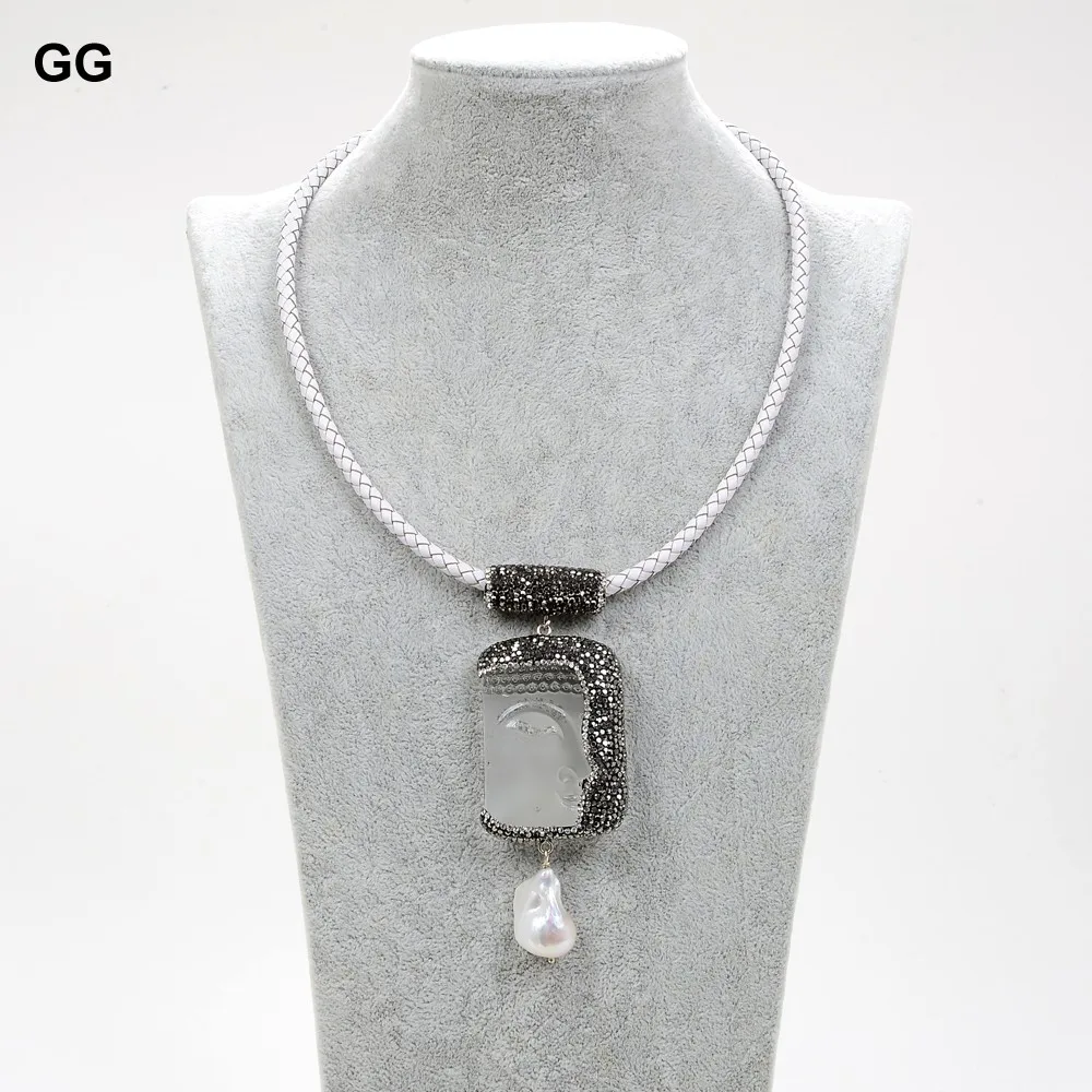 Ожерелье из белой кожи с жемчужинами и кристаллами|crystal buddha pendant|buddha pendantcrystal |
