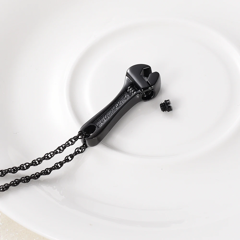 

IJD10528 Stainless Steel Black Wrench Cremation Souvenir Pendant for Ashes Urn Keepsake Memorial Necklace Jewelry