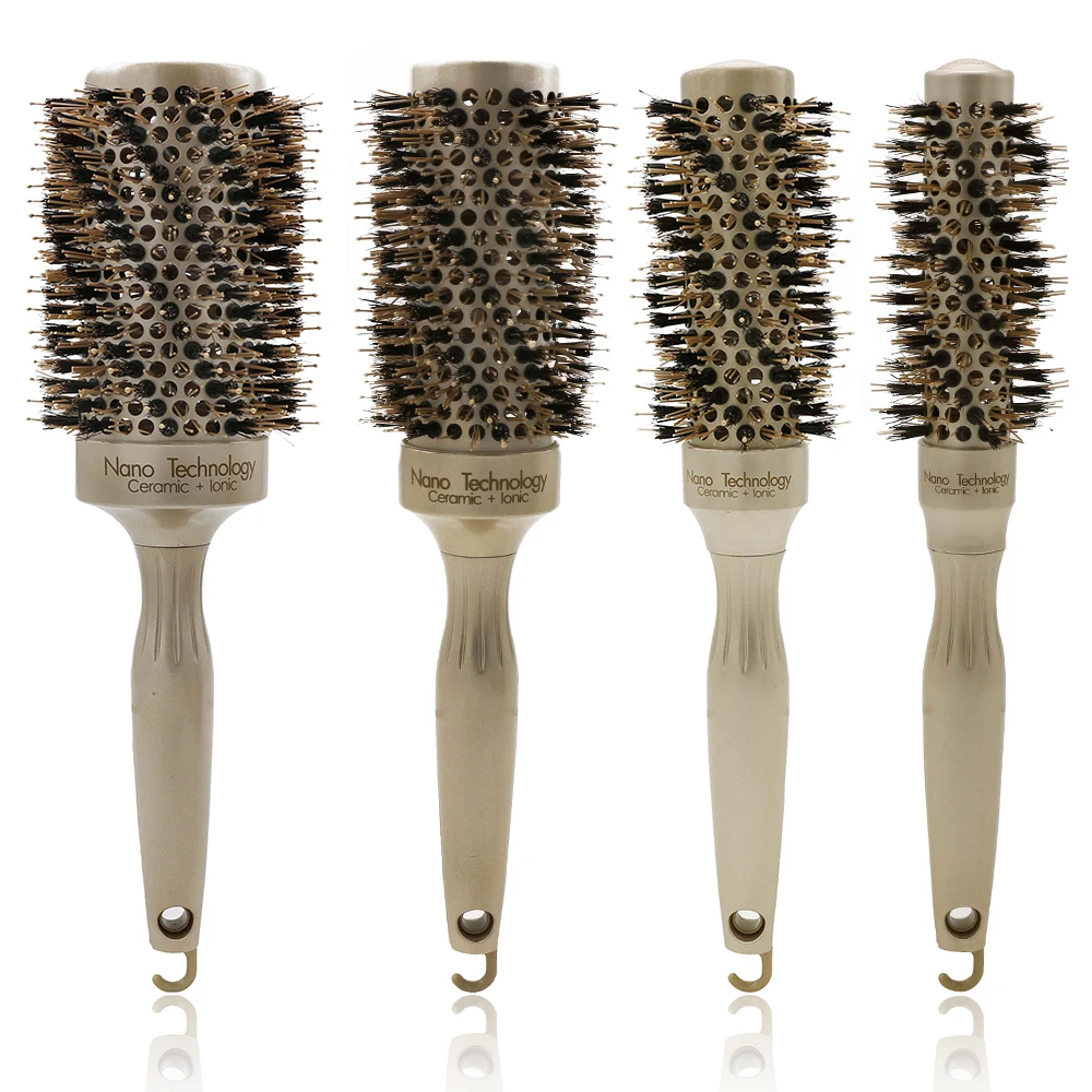 

Novel Design Gold Color Ceramic Boar Bristle Hair Round Brush With Long Handle Professional Salon Hair Styling Comb