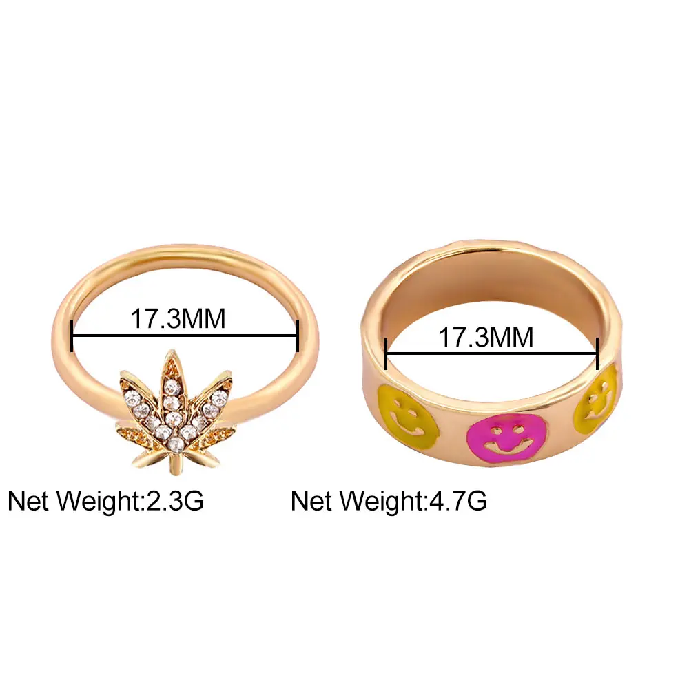 

2Pcs/Set Crystal Maple Leaf Enamel Rings Set For Women Men Golden Metal Glazed Flower Smiley Finger Ring Engagement Jewelry New