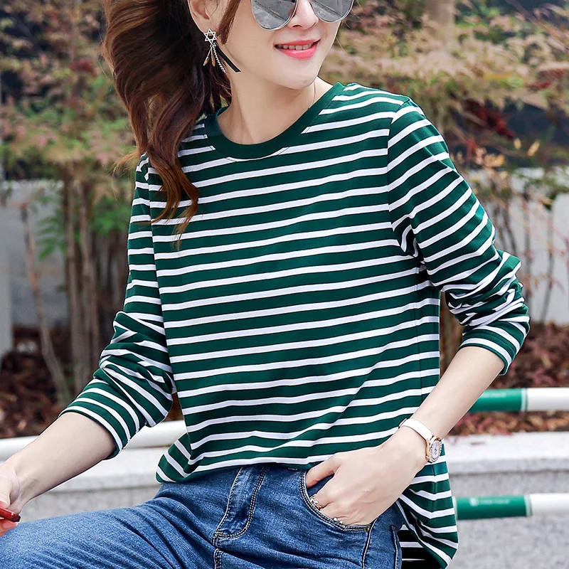 CORUJA хлопковые темно зеленые полосатые топы в Корейском стиле осень 2019 новые