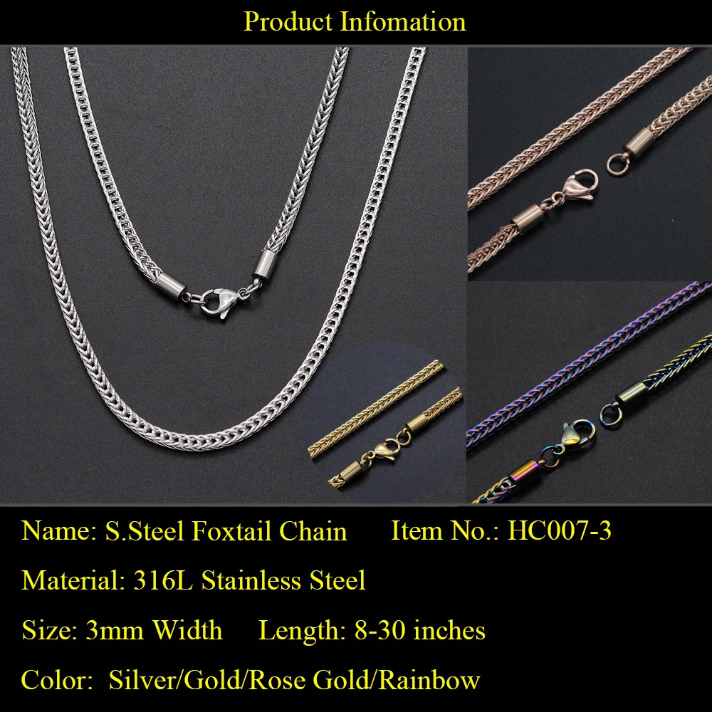 Мода 3 мм фокстейл цепь для женщин мужчин в стиле хип хоп 100% 316L нержавеющая сталь