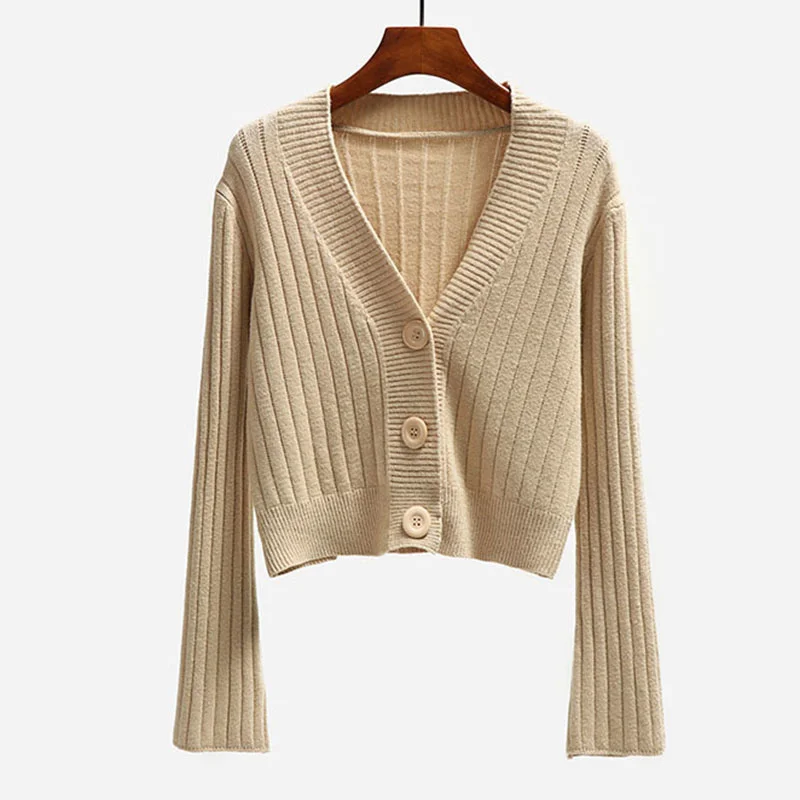 

Autumn Winter Cardigan Flare Sleeve Short Sweater Women Ribbed Knitted Cotton Tops Black White Ladies Soft Outwear Female