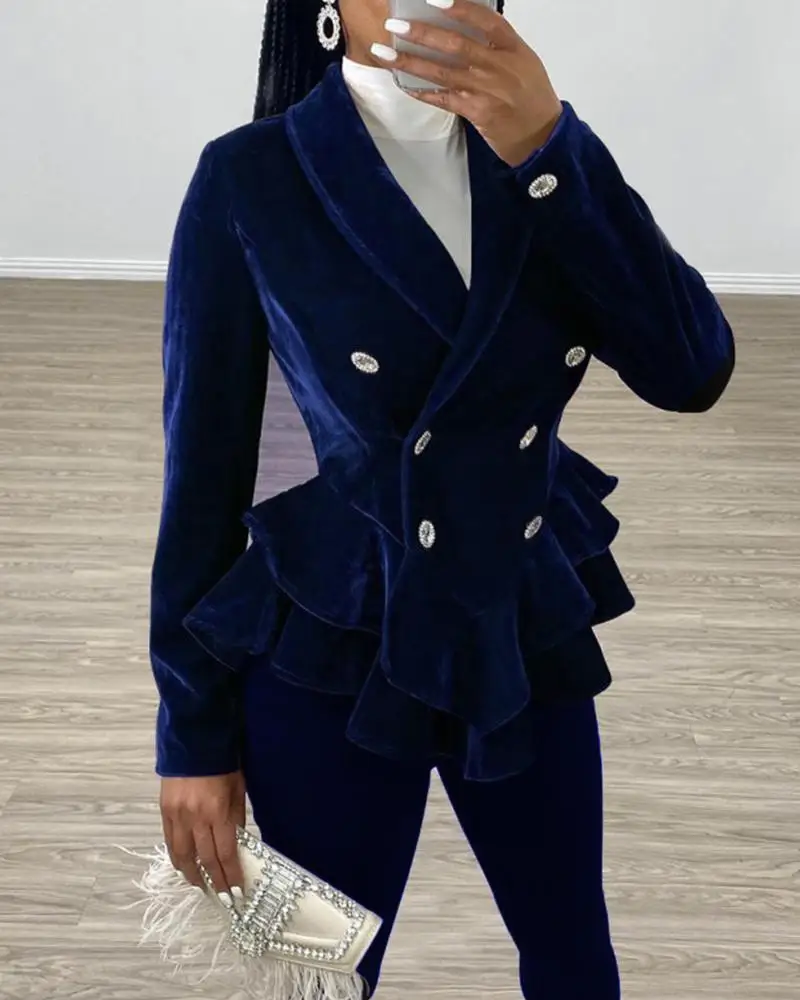 OL двубортный бархатный блейзер с рюшами рабочая одежда для женщин длинным