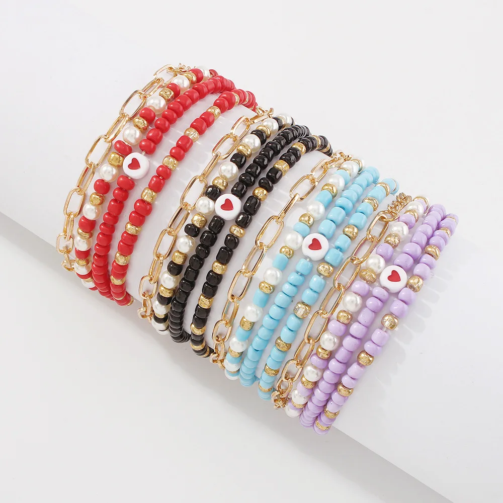 

4 pcs/set Bracelet Bangles for Women Bohemian Mini Beaded Bracelets Vintage Fashion Heart Charms Bracelet Jewelry