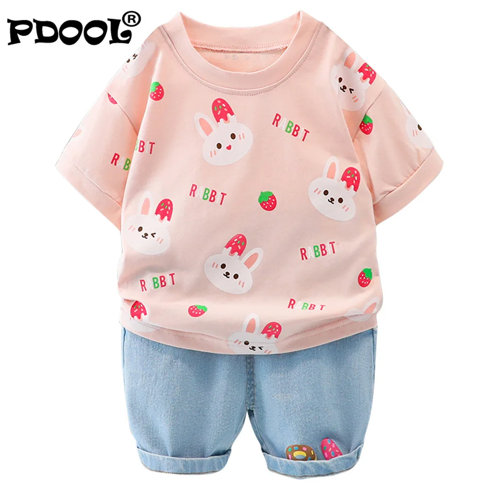 

Summer Clothes Newborn Girl Sets Pink Khaki Kids Cartoon Print T-Shirt and Short Jeans Two Piece Baby Suit Toddler Girls Outfits