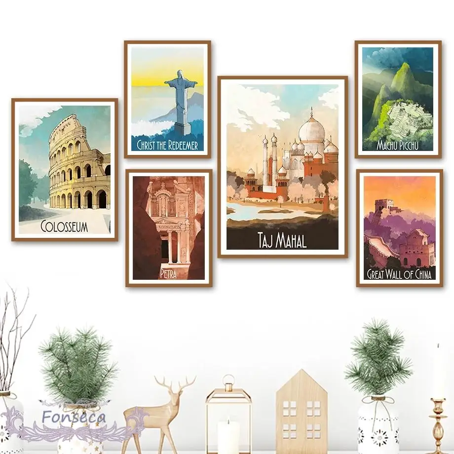 Винтажный постер известного городского пейзажа колоссей тадж-махал Петра Христа