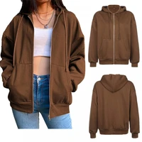 brown zip up hoodie vintage sweatshirts women oversized jacket coat y2k aesthetic pockets long sleeve hooded tops winter clothes