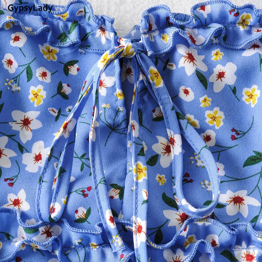 

GypsyLady Cropped Top Skirt 2 Piece Set Floral Print Sexy Women Top Skirt Two Piece Sets Strappy Ruffles Summer Holiday Boho Set