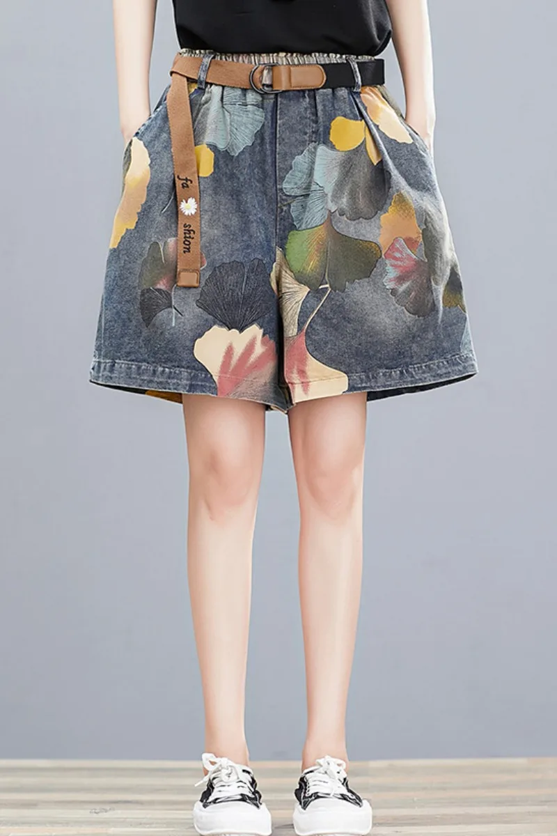 

Large women's pants Art Print jeans elastic waist show thin wide leg pants shorts casual loose summer