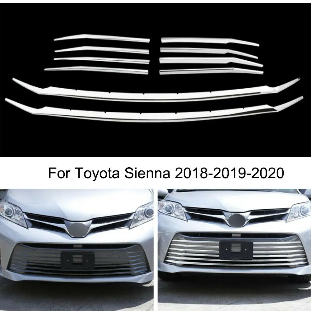 

Fit For Toyota Sienna 2018 2019 2020 Car Chrome Front Central Grille Cover Trims Molding 10pcs