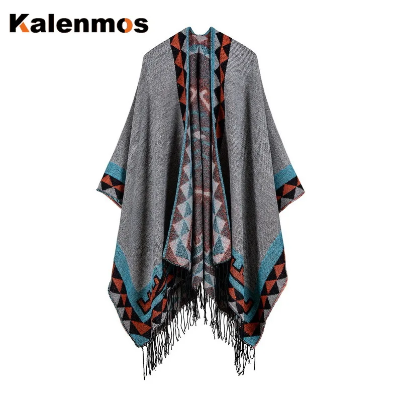 

Women Cloak Poncho Scarf Travel Shawl Imitation Tassel Cashmere Capes National Wind Fork Wraps Pashmina Both Sides Available