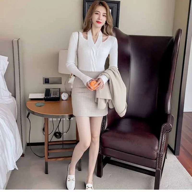 

Women Knitted Sweater High Quality 2021 Autumn Winter New Korean Version O-Neck Slim Strapless Bottoming Sweater Top