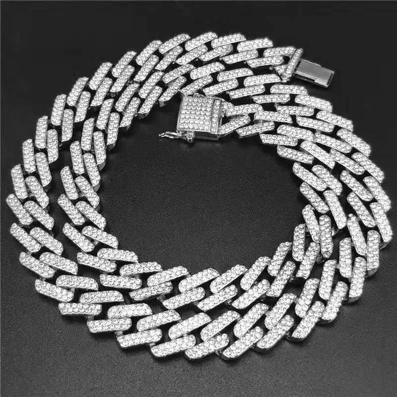 

Iced Out Paved Rhinestone Link Chain 1Set 15MM Gold Sliver Miami Curb Cuban Chain Bling Rapper Necklace For Men Hip Hop Jewelry