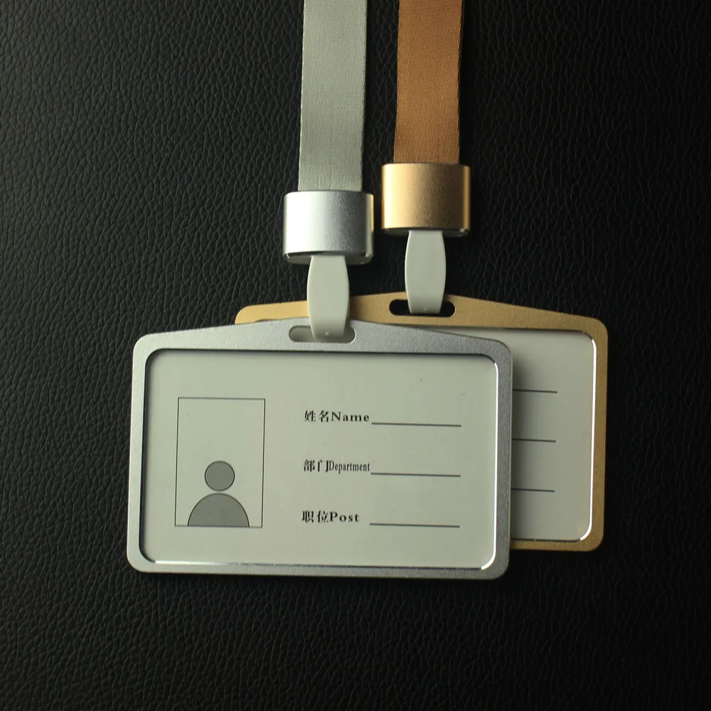 

factory promotion price silver gold colors horizontal metallic ID badge holder case with same color strap