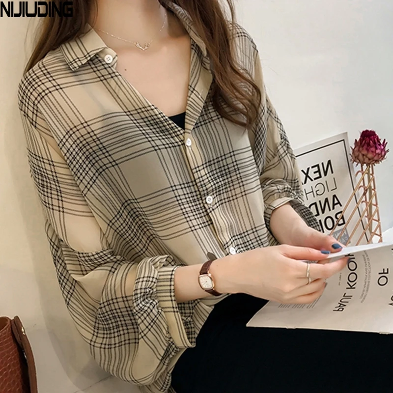 NIJIUDING Blouses for Women 2020 Spring Autumn Plaid Loose Long Sleeve Single-breasted Cardigan Shirts Tops Female Plus Size 4XL