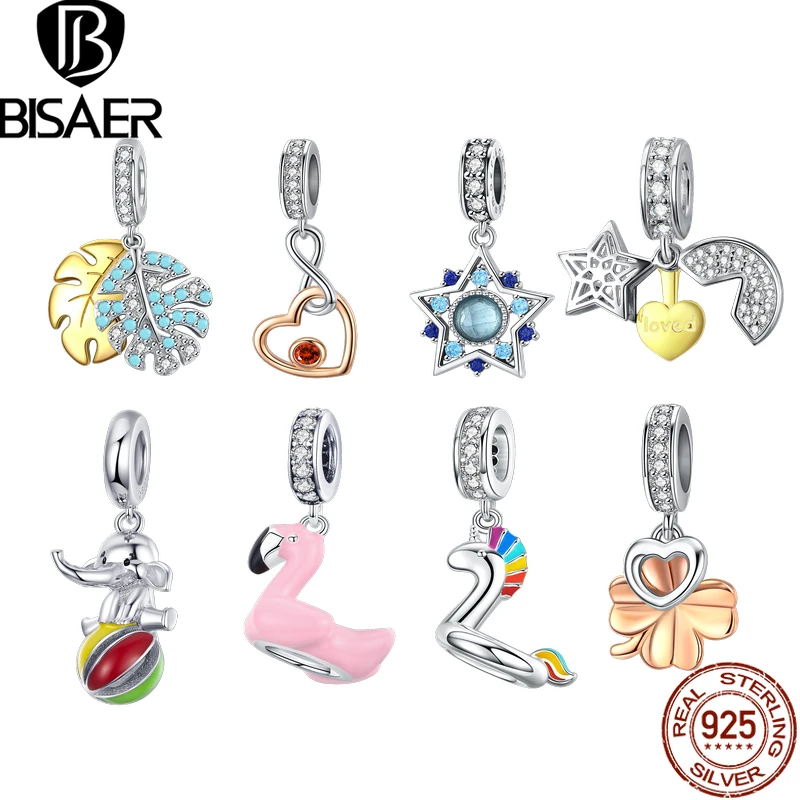 BISAER, новинка, летние подвески, 925 пробы, серебро, милый фламинго, слон, Lucy, клевер, звезда, подвески, бусины Ins, стиль, сделай сам, подвески