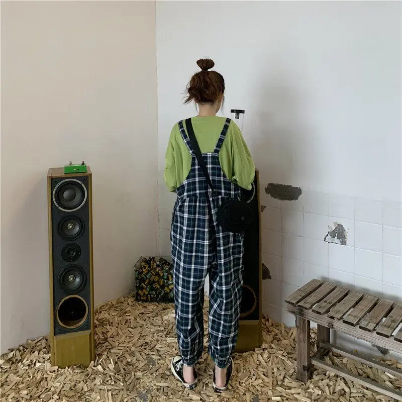 

Jumpsuits Women Ankle-length Plaid Vintage Students Korean-style Ulzzang Loose Casual Stylish Womens Strap Outwear Wide-leg Chic