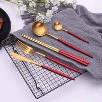 5pcs 304 stainless steel red gold matte cutlery set chopsticks coffee dessert spoon fork steak knives teaspoons for kitchen