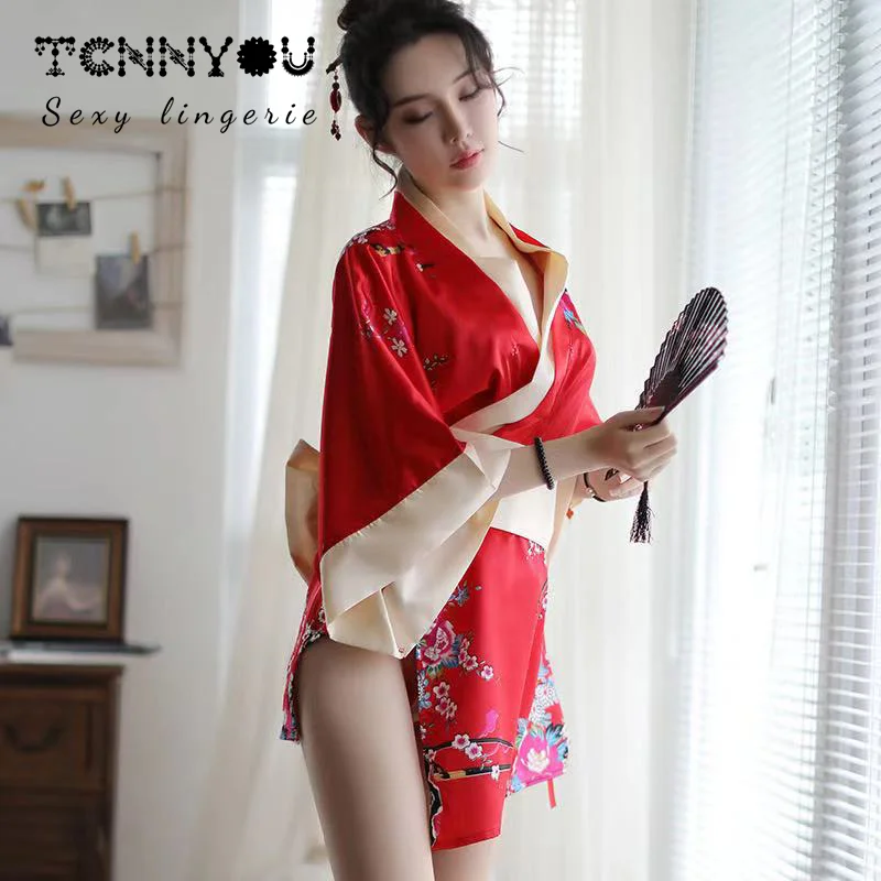 

TCNNYOU Sexy Lingerie Japanese Kimono Passion Uniform Temptation Printed Black And Red Set Girl Cosplay Erotic Costumes