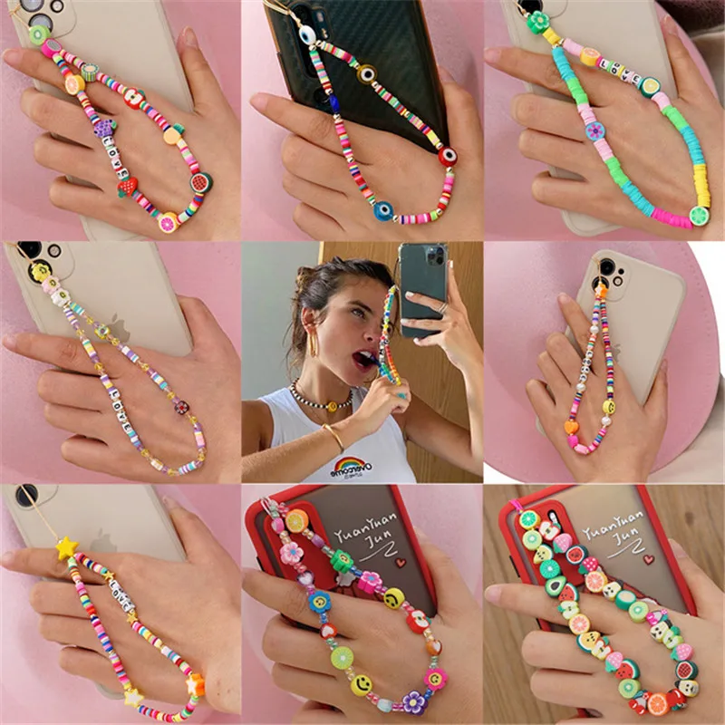 

2021 New Mobile Phone Strap Lanyard Colorful Smile Pearl Soft Pottery Rope for Cell Phone Case Hanging Cord for Women