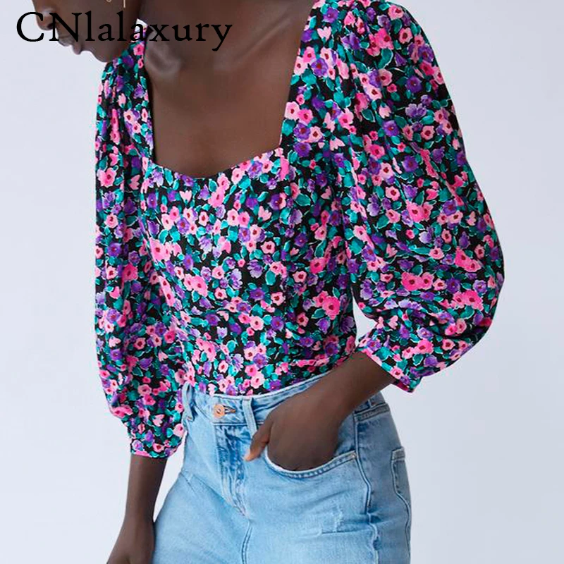 Женская укороченная блузка с цветочным принтом винтажная эластичная рубашка