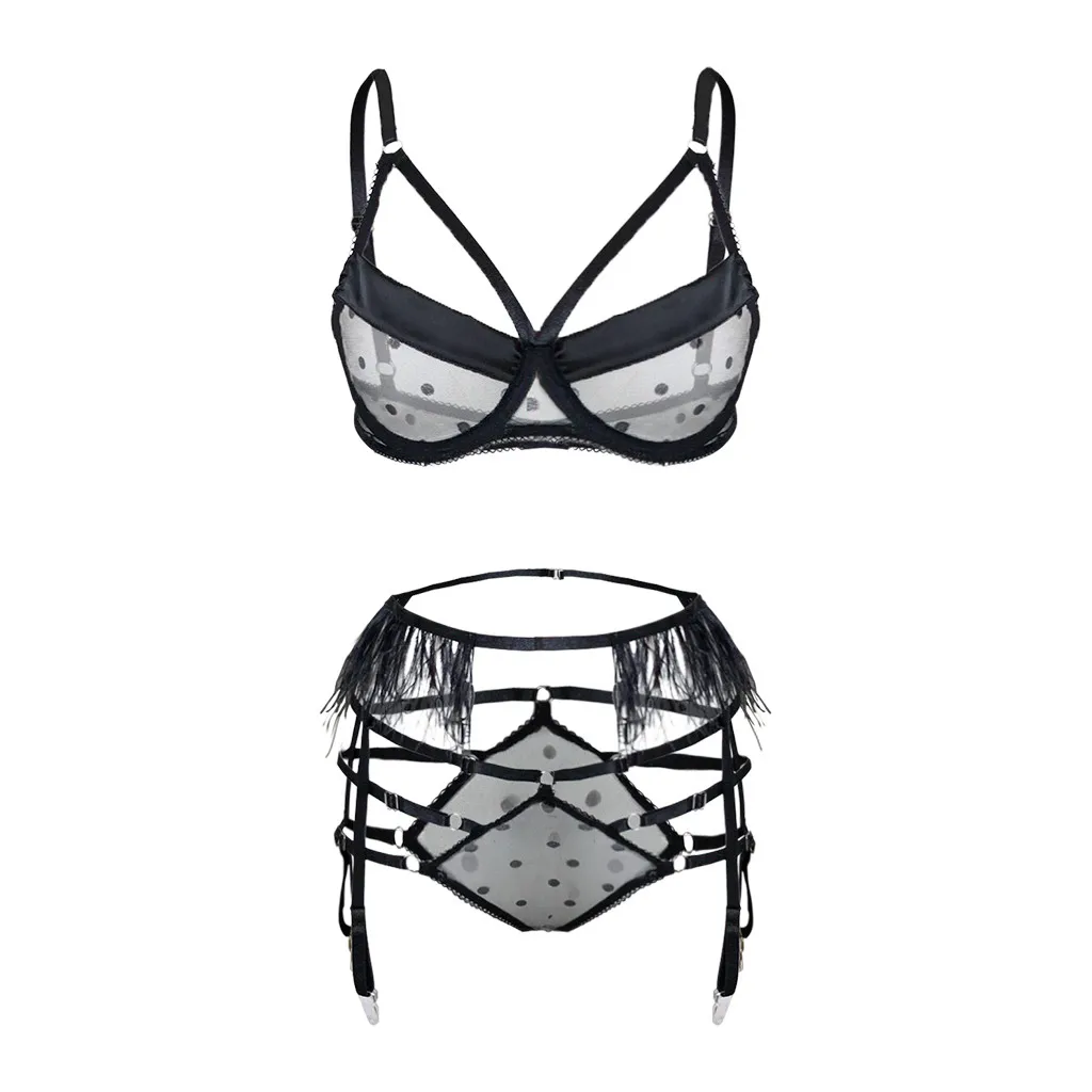 

Lingerie Sexy Bra Set Mesh Sexy Women's Sling Lace Lingerie Bra+Garter+Briefs Set Dot Babydoll Sleepwear Lingerie Sets Lenceria