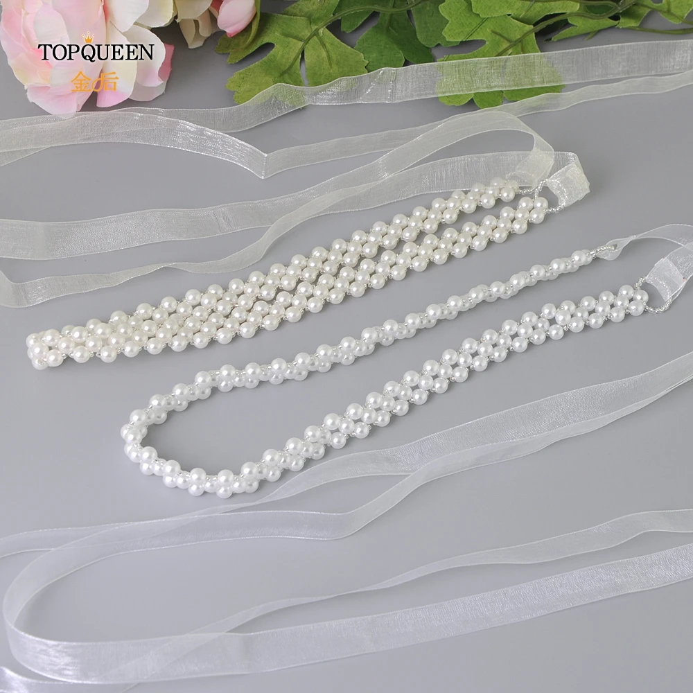 TOPQUEEN S34 Beaded Sash With Pearl For Wedding Dress Bridal Party Gown Women'S Accessories Organza Ribbon Jewel Waist Belt