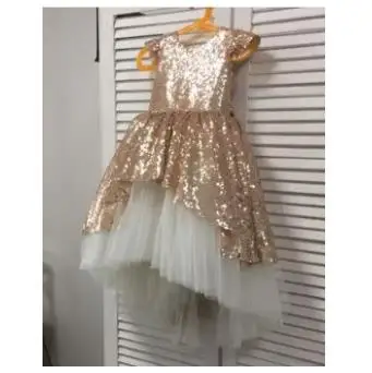 Bling Bling Champagne Sequins High Low Flower Girl Dress Puffy Kids Clothes Little Princess Birthday Party Gown 1-14Y