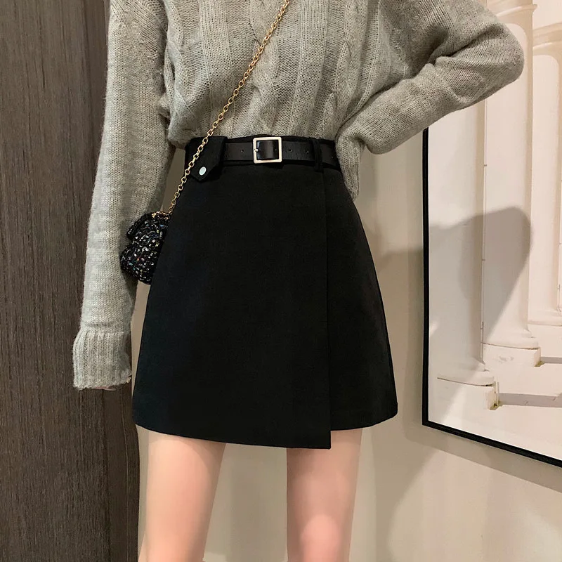 

England Mini Black Skirt Winter Office Fashion Solid High Waist Harajuku Skirt Ladies A-Line Females Casual Midi Skirt Women