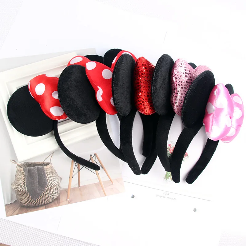 Disney Mickey Ears Headband Sequin Bows EARS COSTUME Dot Headdress Cosplay Plush Adult/Kids Gift | Мать и ребенок