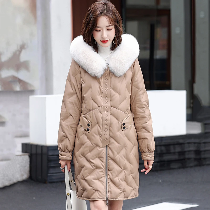 New Women Leather Down Coat Autumn Winter 2022 Fashion Hooded Fox Fur Collar Embossing Loose Thick Warm Sheepskin Down Jacket