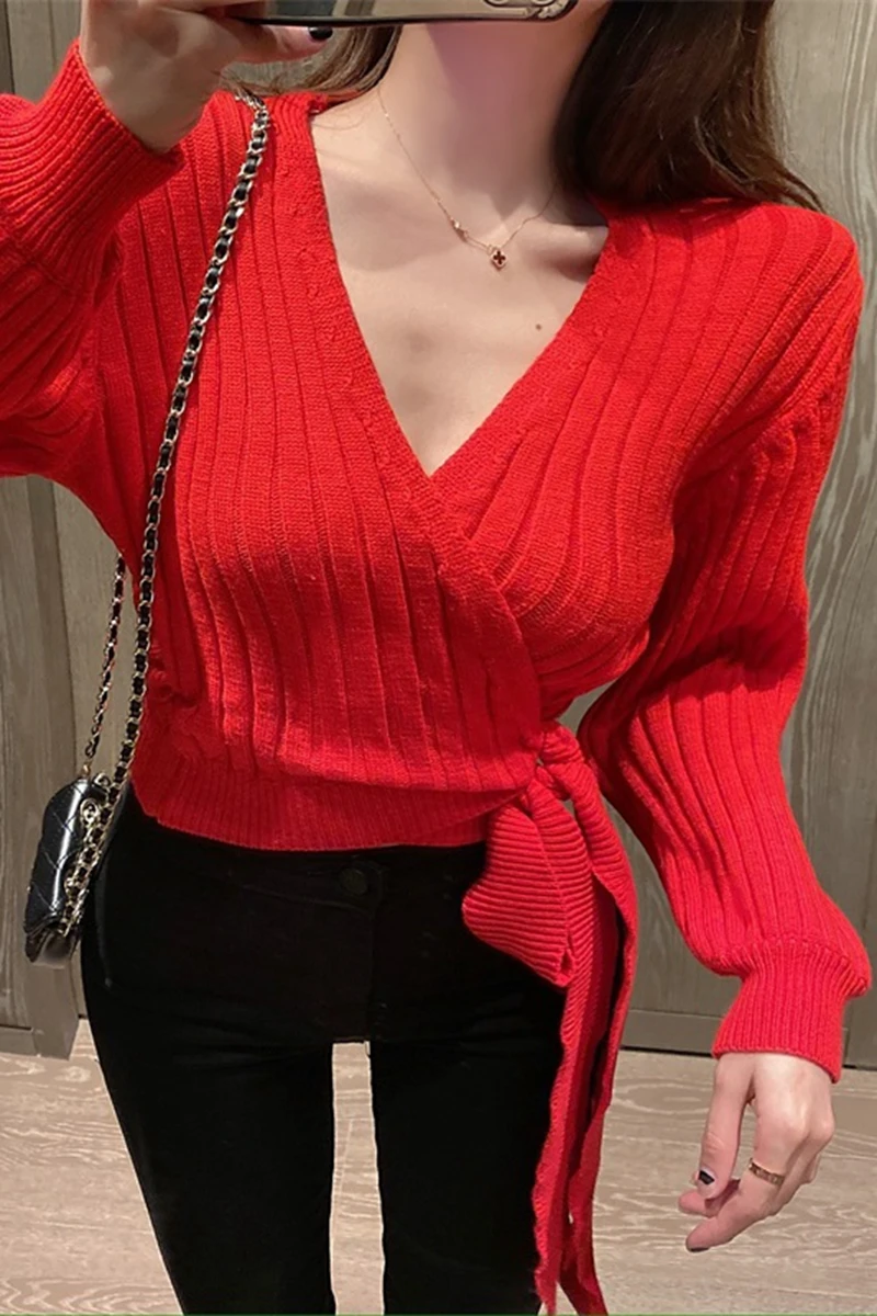 

Autumn 2020 New Slim Cross V-neck Lace Up Sweater Korean Short Long Sleeve Top T-shirt Women's Wear