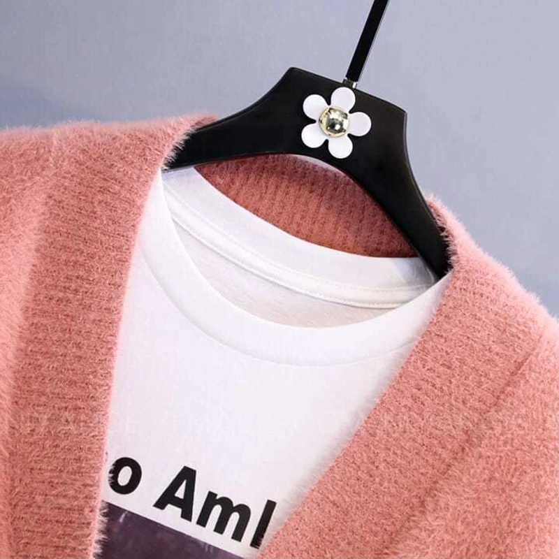 

Solid Color Imitation Mink Velvet Single-breasted Woman Sweaters Autumn Winter Loose V-neck Cardigan Sweater Korean Warm Sweater