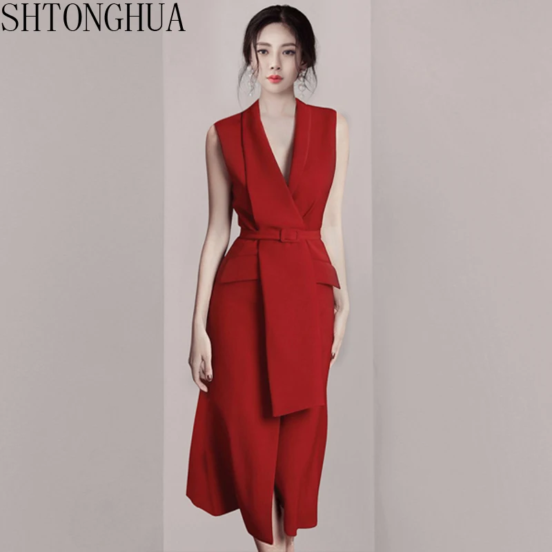 High Quality Spring Women's Vintage Vest Red Blazer Dress Ladies Sexy V-Neck Sleeveless Tank Elegant Office Party Long Dresses | Женская