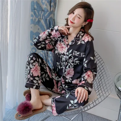 Пижама с длинными рукавами Lazy Style 2020 WAVMIT Шелковый комплект из 2 предметов женская