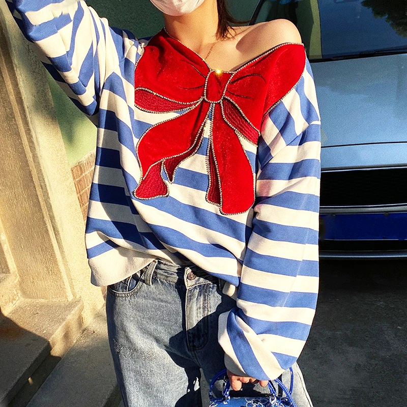

Full Sleeve Big Bowknot Collar Striped Sweatshirt Woman Harajuku Style New Autumn Loose Casual Clothes Women Sweatshirts SL584