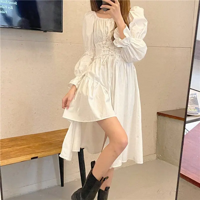

HOUZHOU Gothic Dress Women Kawaii Bandage Long Sleeve Midi Dress Elegant Vintage Square Collar Outfits Spring Autumn Streetwear