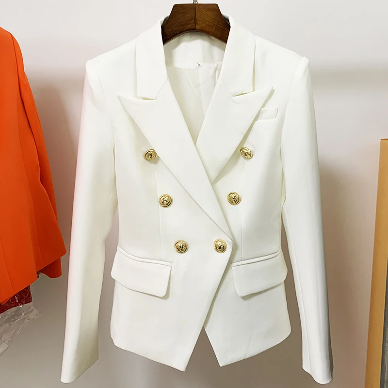 

White Blazer Women 2021 Slim Elegant Blazers Jacket Women's Fitting Metal Lion Buttons Double Breasted Blazer Femme