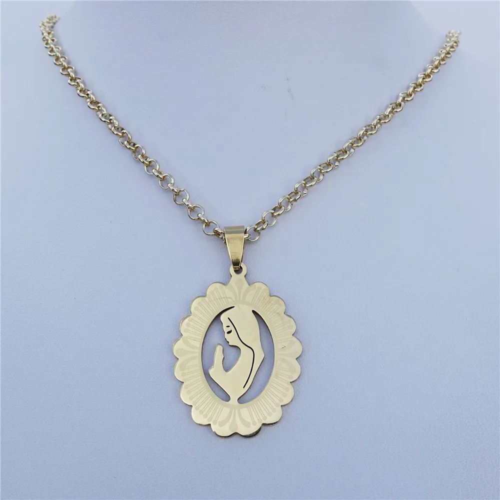 

Real Gold Plating Stainless Steel Necklace Madonna Virgin Mary Pendant Classic Women Prayer Goddess Jewelry