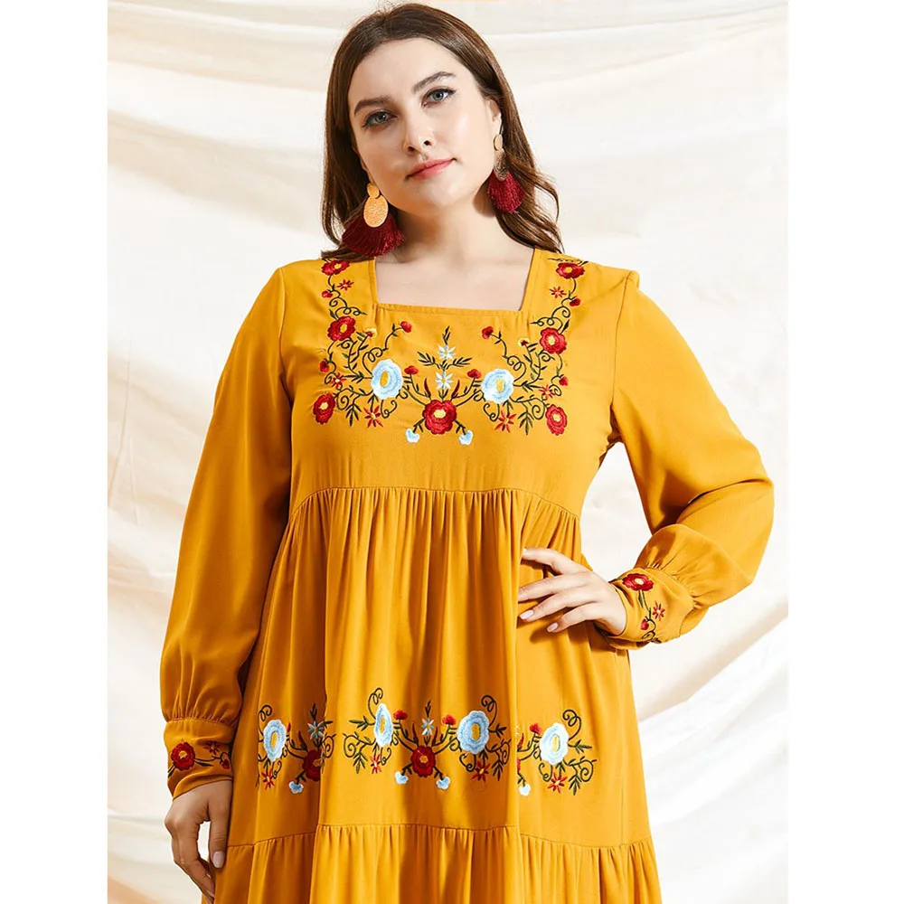 

Kaftan Muslim Women Embroidery Long Dress Abayas Arab Jilbab Square Collar Maxi Robe Plus Size Middle East Gown Spring Fall New