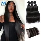 Волшебные волнистые прямые человеческие волосы пряди с фронтальной кружевной фронтальной застежкой с пучком, малайзийский прямой пучок с фронтальной