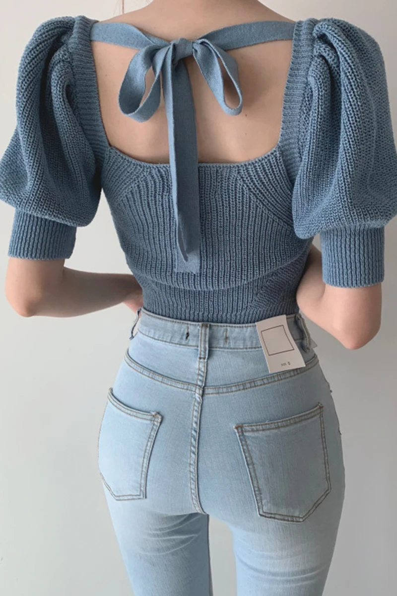

sueter mujer 2020 summer pullover korean fashion elegant feminine T-shirt square collar backless puff sleeve sweater women
